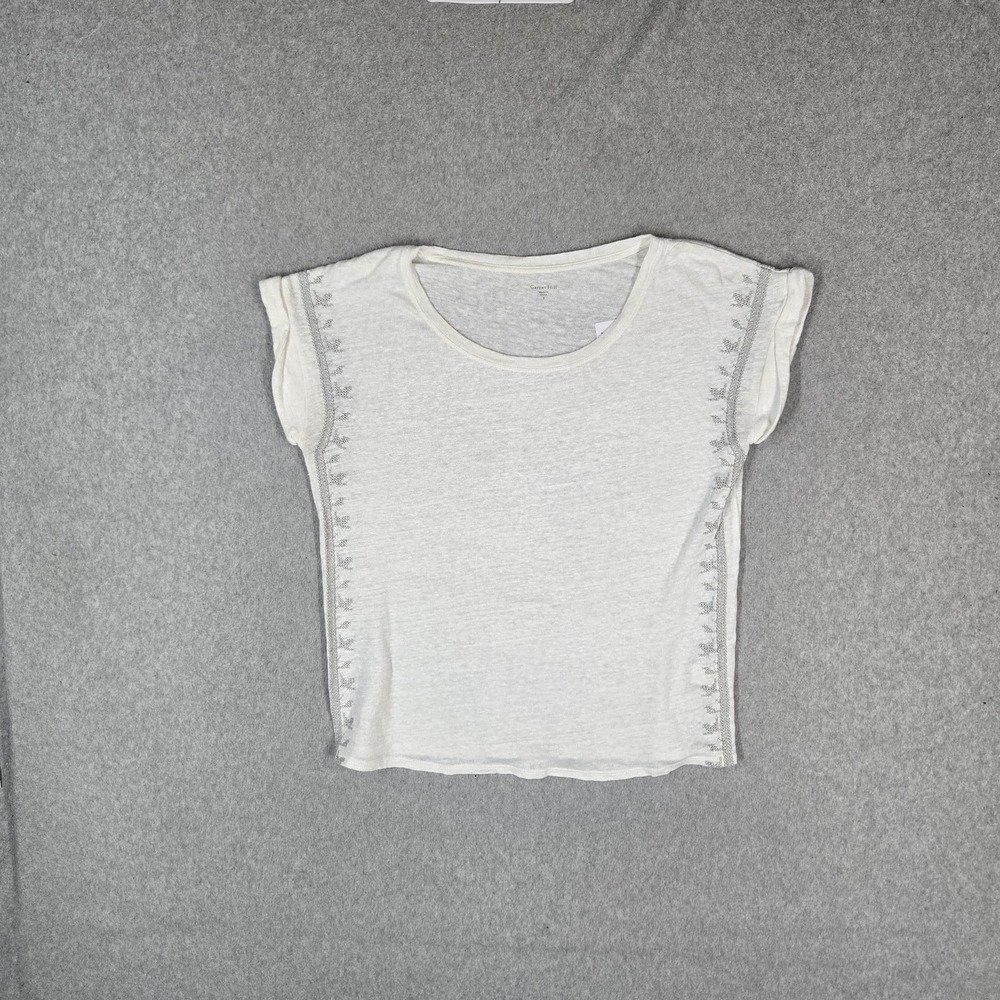 Garnet Hill Women Shirt S White Organic Linen Embroidered Scoop Neck